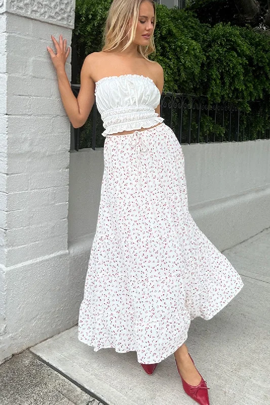 White Ditsy Maxi Skirt Tiered High Rise denim skirt casual