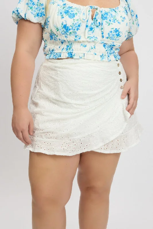White Eyelet Cotton Lace Button Mini Skirt denim skirt classic