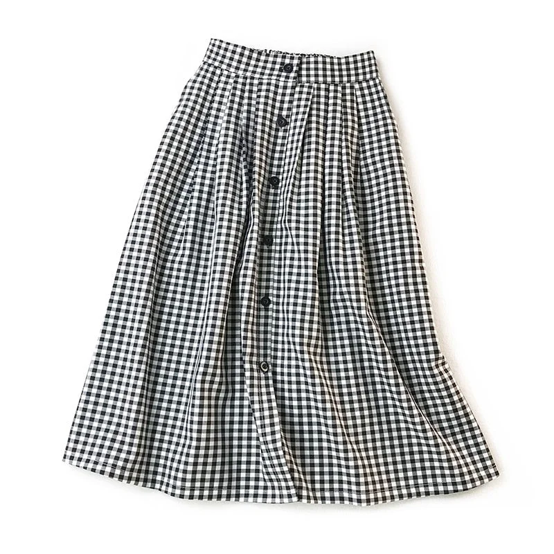 Women Classic Vintage Midi Skirts 2019 New Spring Summer Fashion Plaid Skirt Female A Line Single Breasted Skirt Faldas Mujer satin skirt smooth