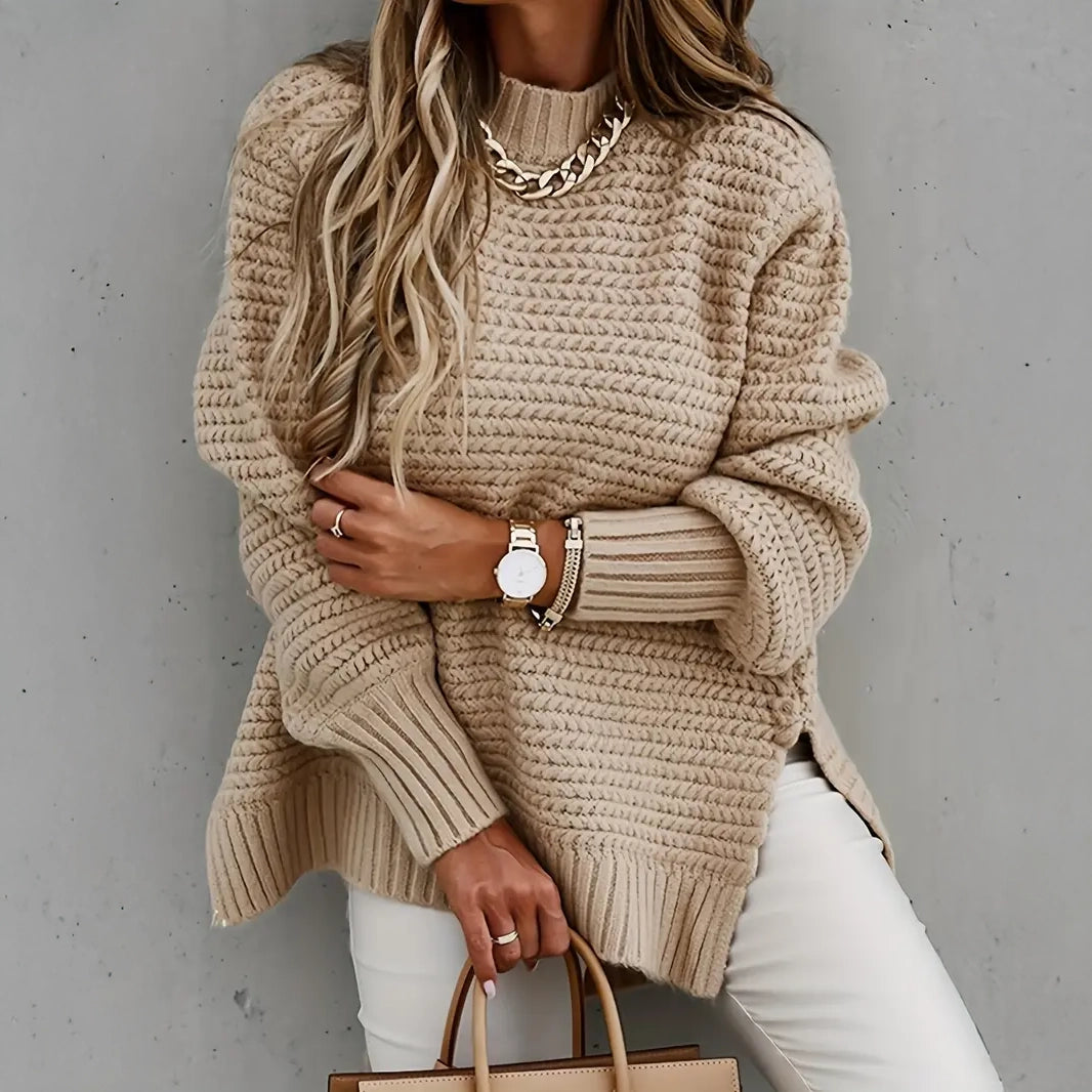 Women's Elegant Long Sleeve High-Low Hem Mock Neck Sweater Neon Metallic Matte