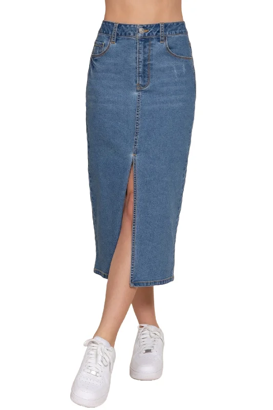 Women's Midi Denim Skirt with Front Middle Slit - Chic and Versatile spandex blend skirt
