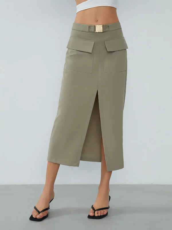 BerryBetty - Zip Up Belted Pockets Midi Skirt relaxed fit skirt
